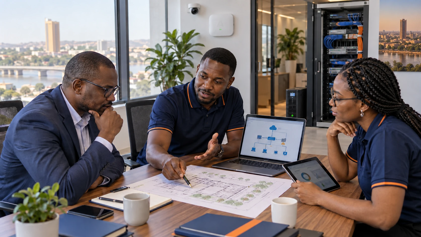Un client et deux experts Omega étudient ensemble un plan afin de concevoir une solution technologique intégrée à Bamako