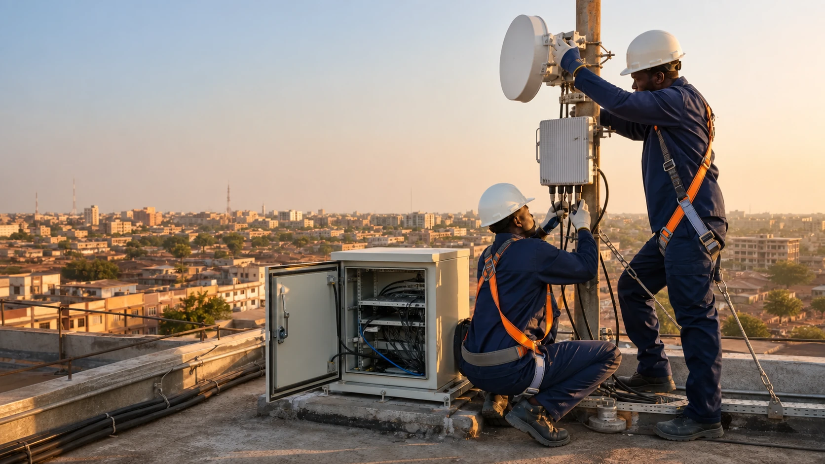 Techniciens installant une liaison radio sur une toiture à Bamako
