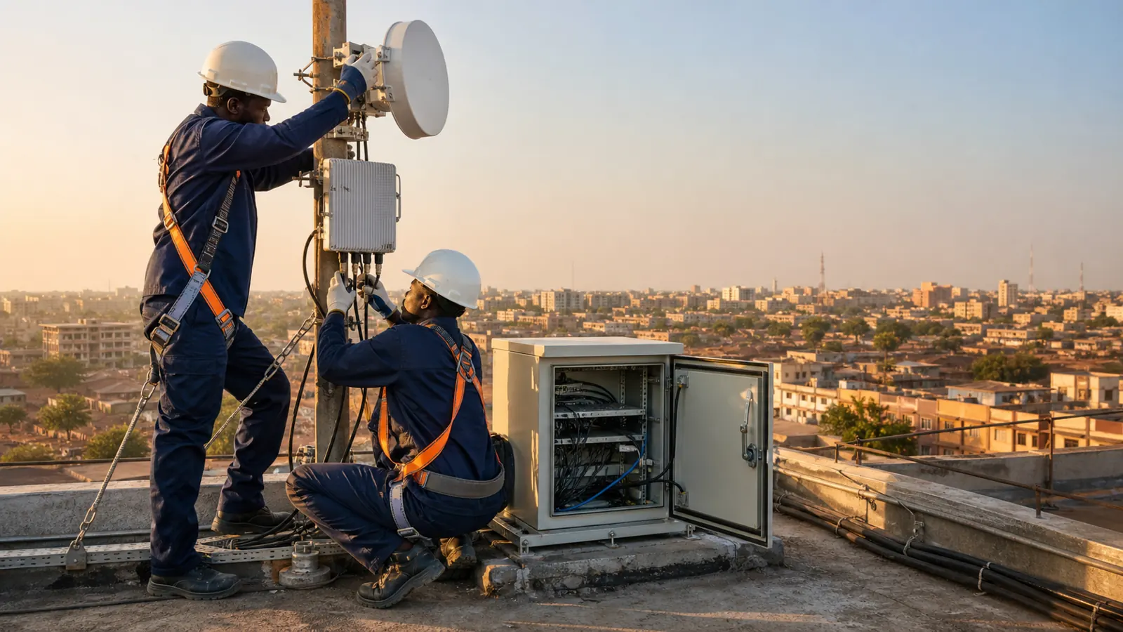 Techniciens installant une liaison radio sur une toiture à Bamako