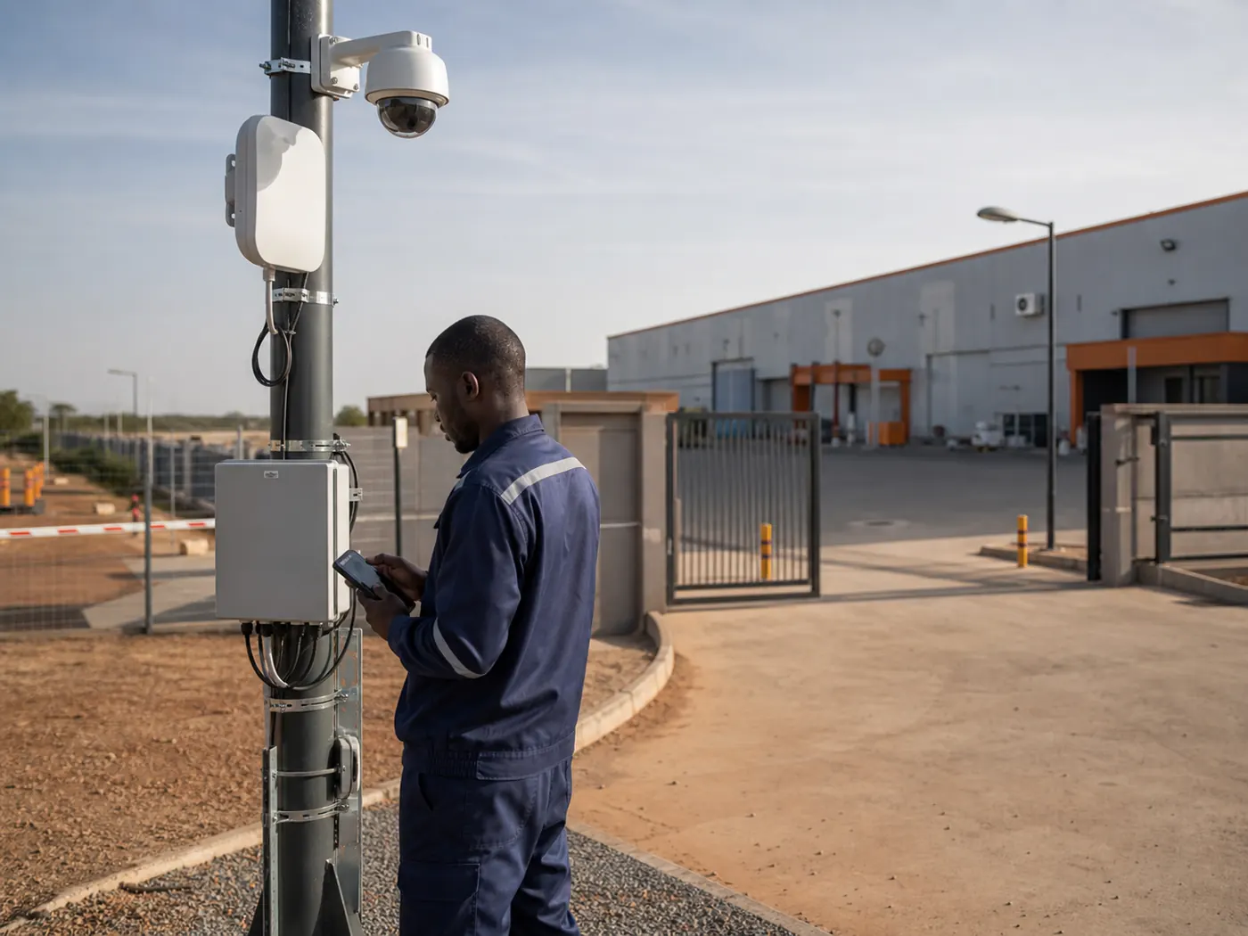 Technicien installant une caméra IP sur un site extérieur