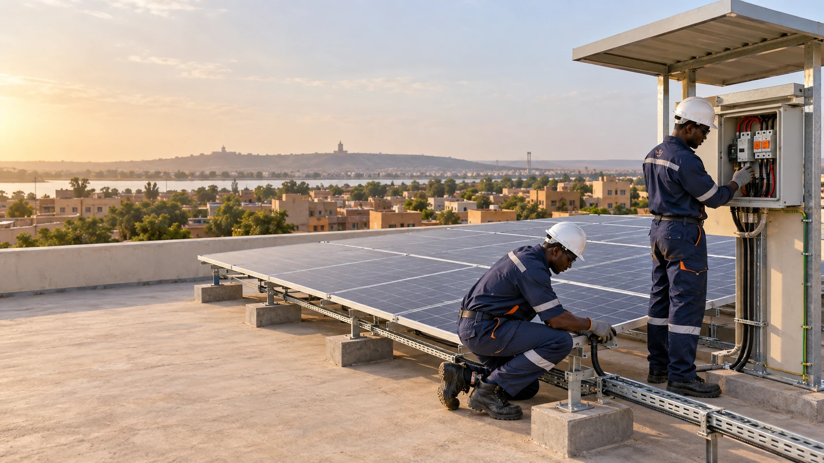 Deux techniciens installent et contrôlent des panneaux solaires et leurs protections électriques sur un site professionnel à Bamako